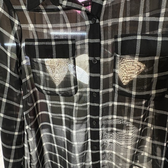 Old Navy Sheer Windowpane Blouse Black White Grid Plaid 90s Office Siren Med - Picture 8 of 8